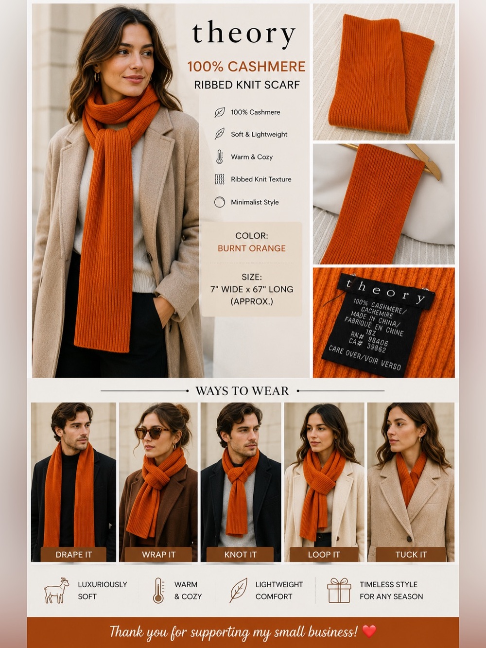 Theory 100% Cashmere Scarf Orange Ribbed Knit Long Narrow 67" Luxury